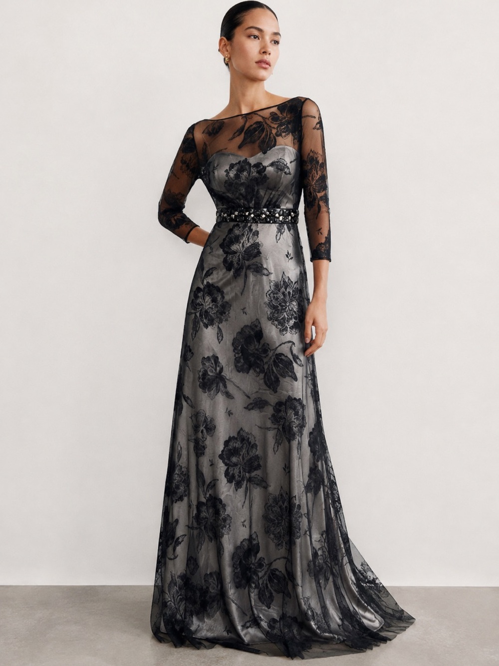 Gorgeous Lace Silk Satin Lined Black Tie Gown with 3/4 Sleeves